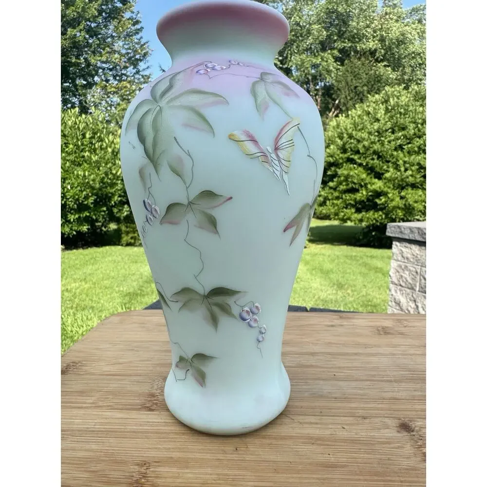 Fenton BERRY & BUTTERFLY LOTUST MIST BURMESE VASE Historic Collection 95th Anniv